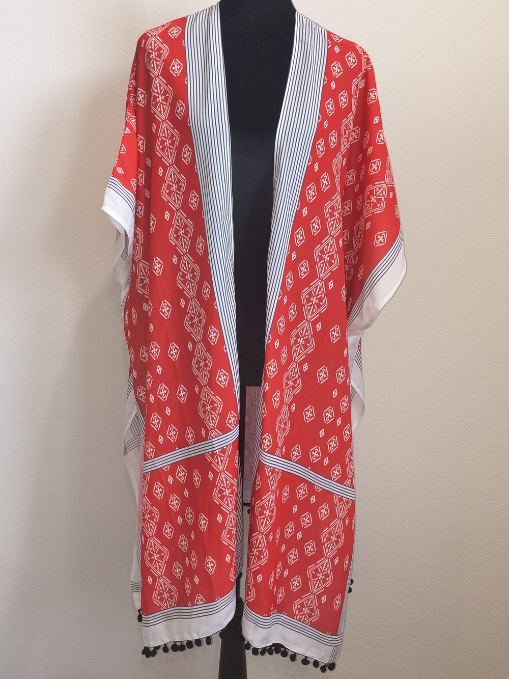 Red Patterned Open-Front Kimono Cape